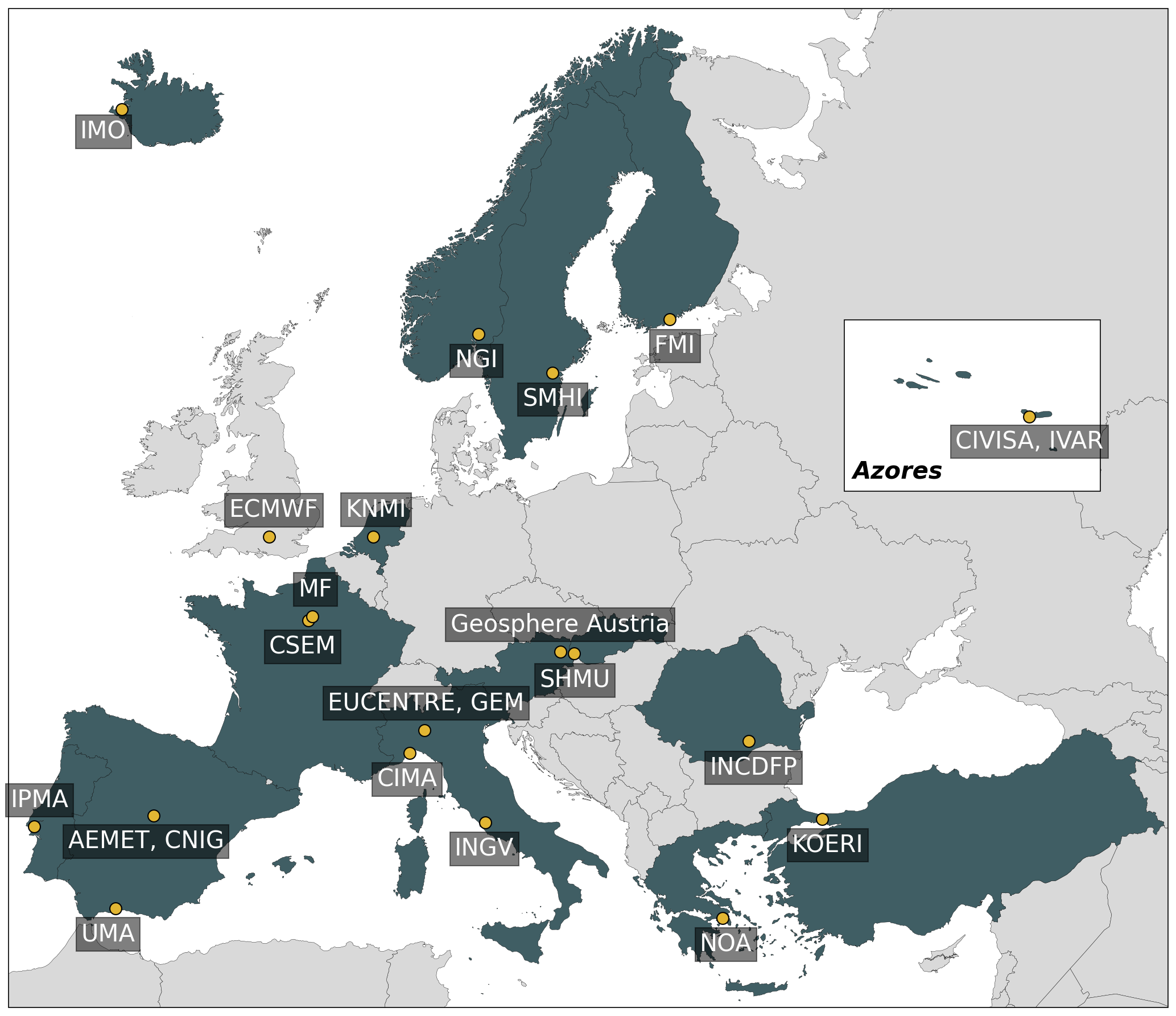 Geographical distribution of the ARISTOTLE-eENHSP Consortium. Please note that CSEM and EMWF are European organisations. Their allocation on the map refers to their headquarters.